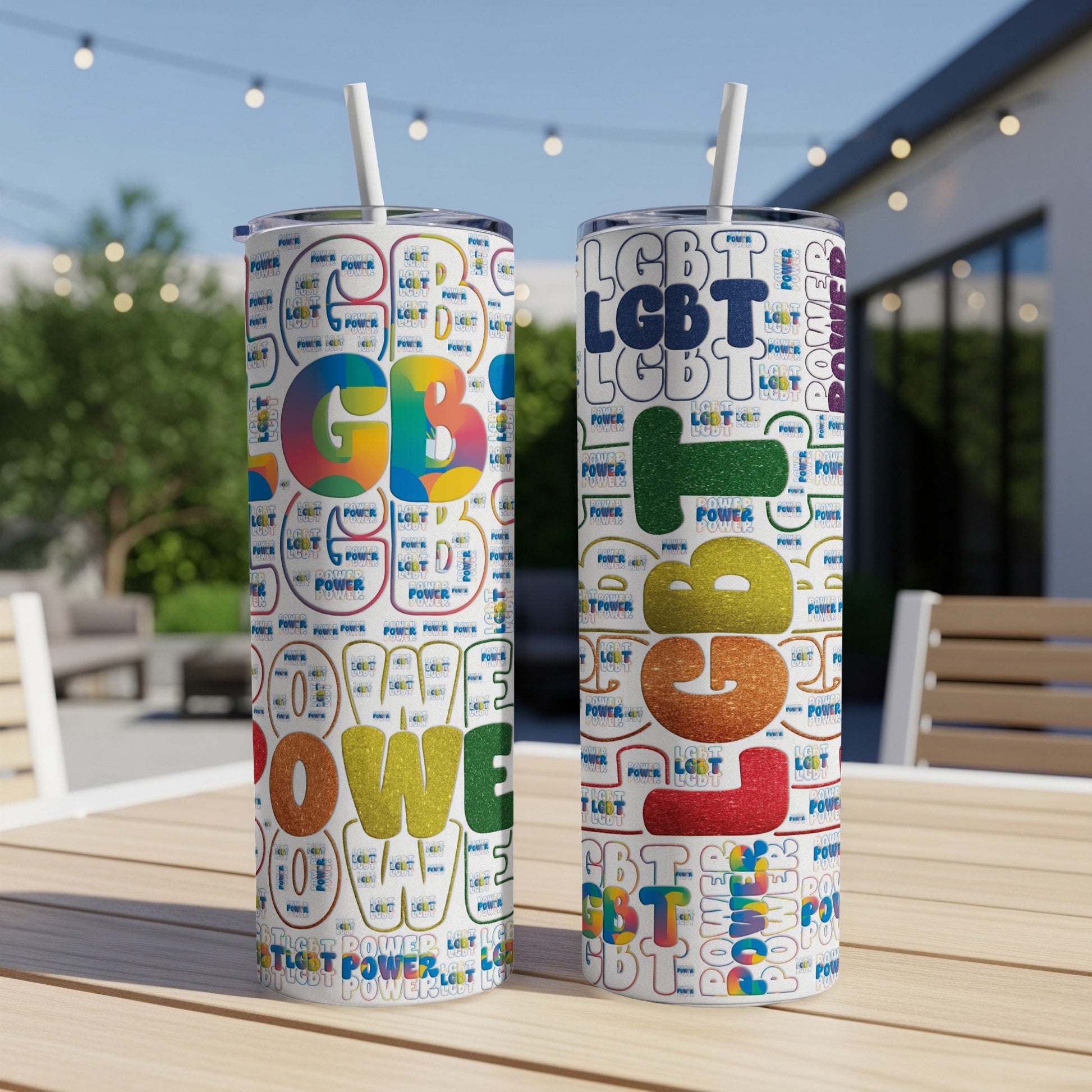 Two tumblers with "LGBT POWER" text and rainbow stripes.