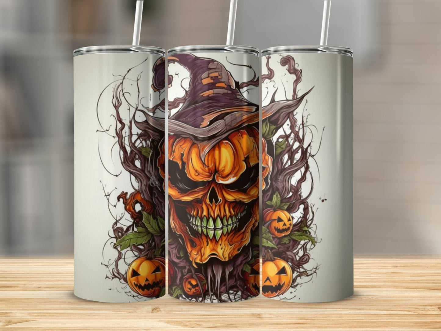 Halloween tumbler with jack-o'-lantern skull and witch hat design.