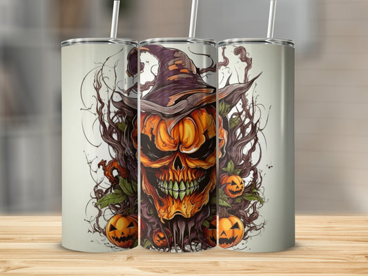 Halloween tumbler with jack-o'-lantern skull and witch hat design.