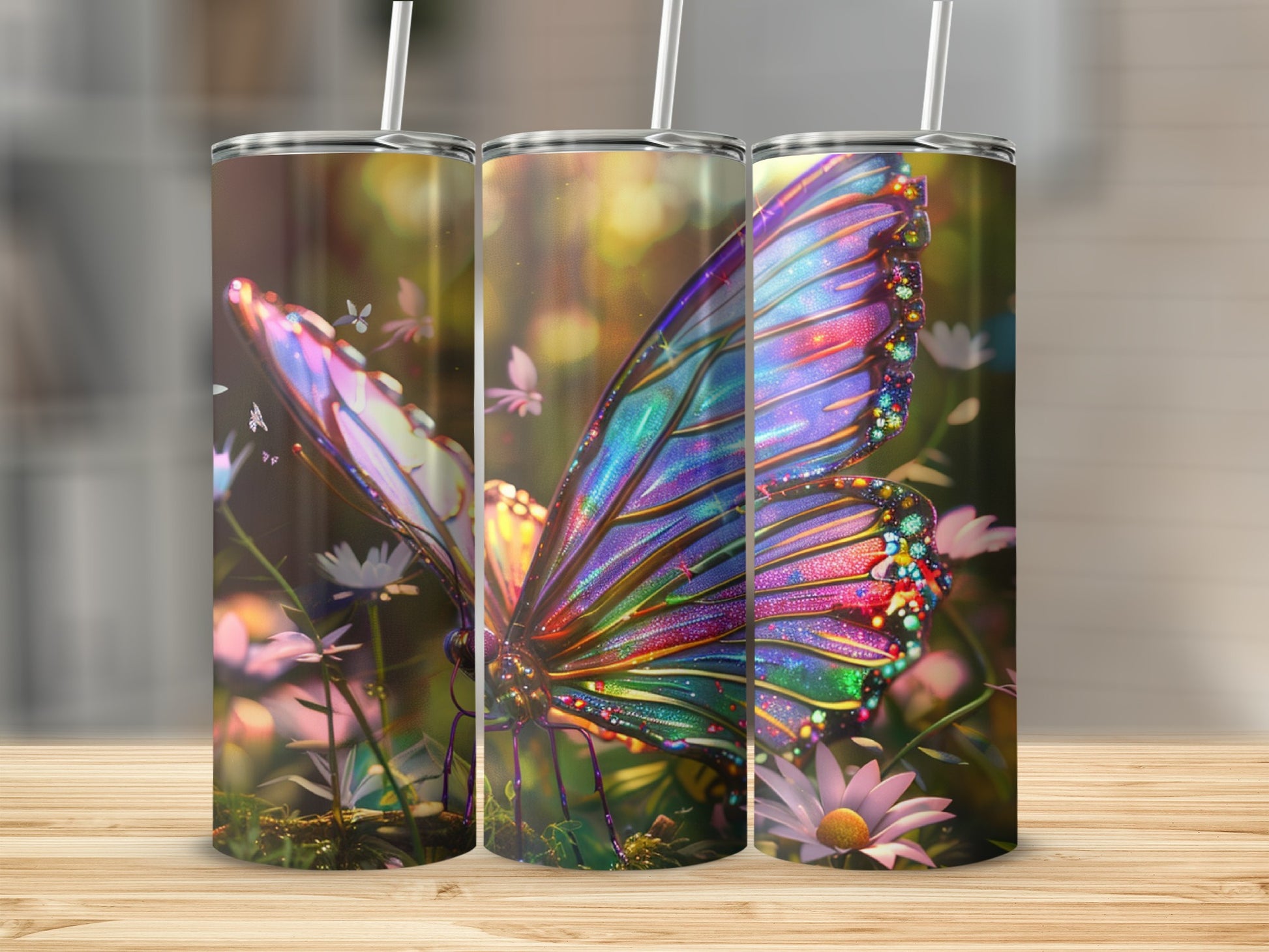 Three iridescent butterflies in a garden, on tumblers.