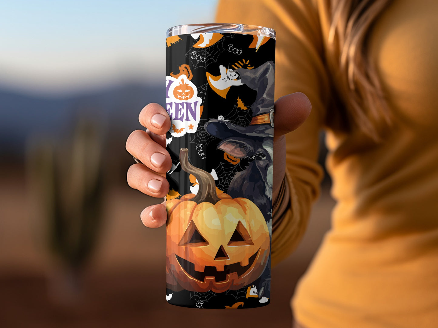 Spooky Halloween Patterned Tumbler with Witch and Pumpkin