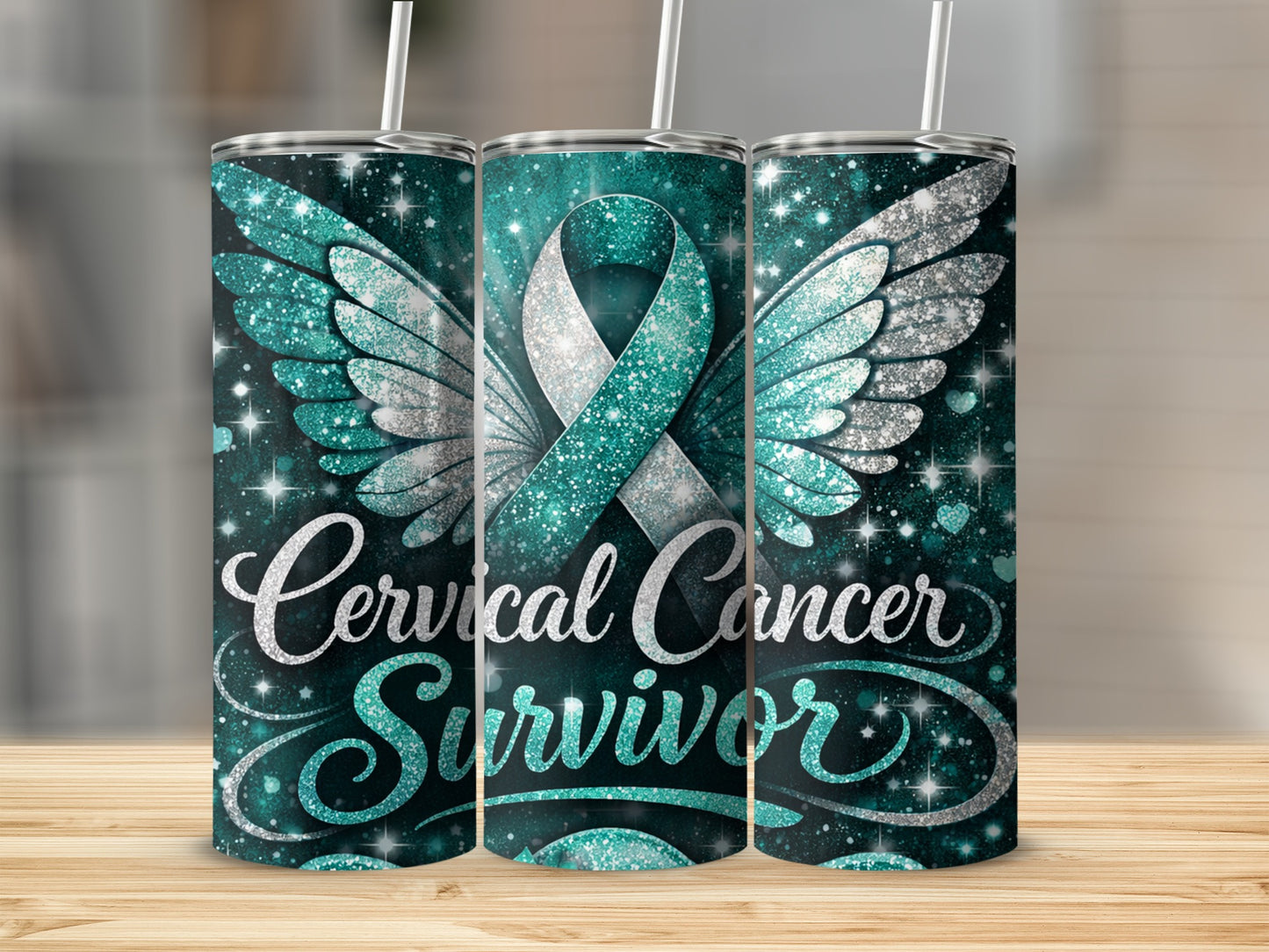 Cervical Cancer Survivor Glitter Wings Tumbler