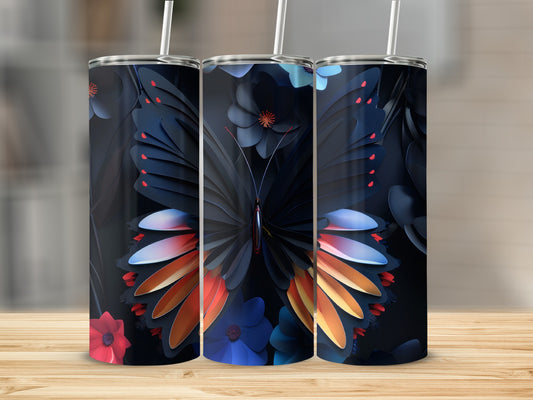 Black butterfly tumbler with floral accents on a wooden surface.