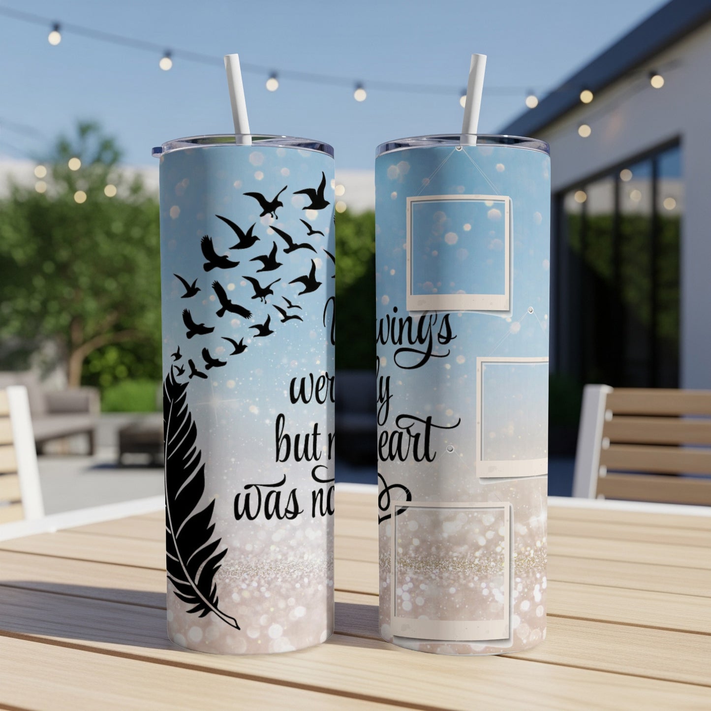 Two tumblers with a feather, birds in flight, and quote "Heaven's wings, but my heart was not".