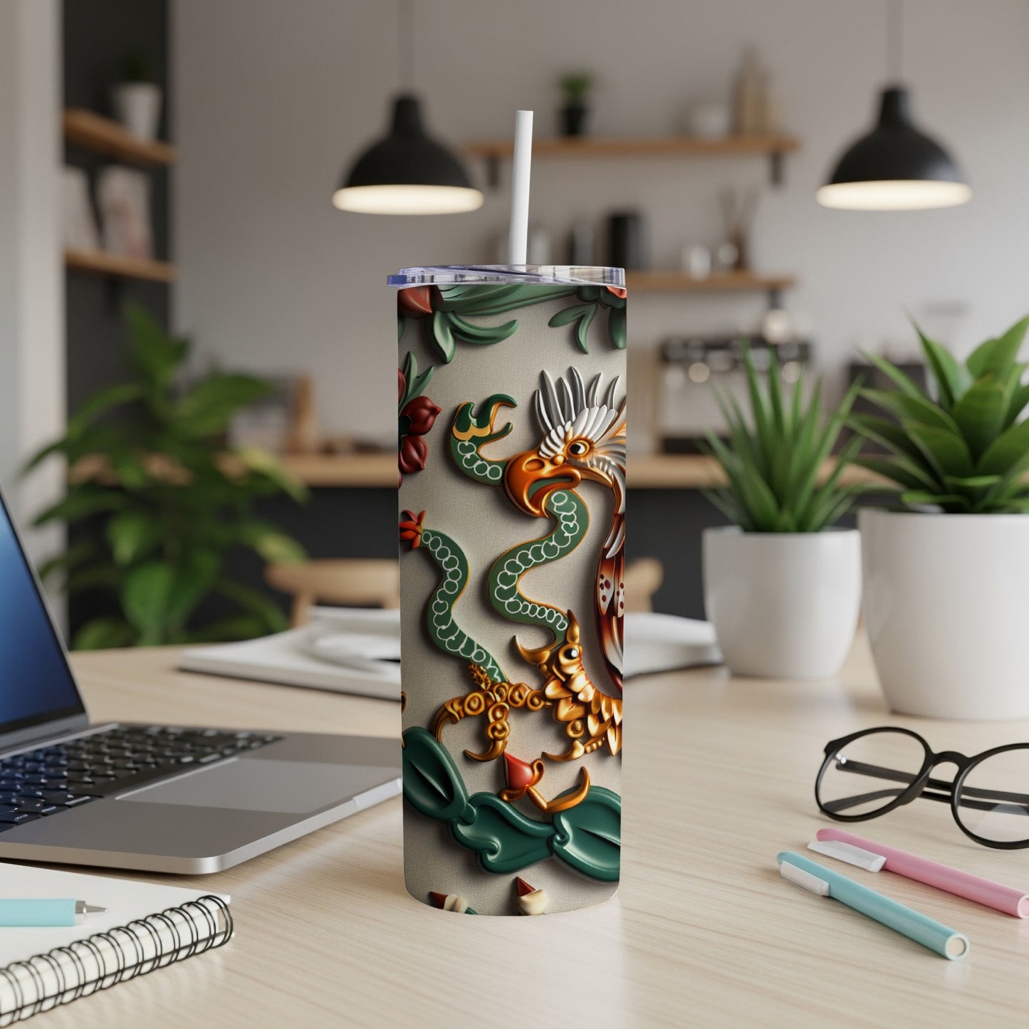 Tapered tumbler with a Mexican coat of arms design.