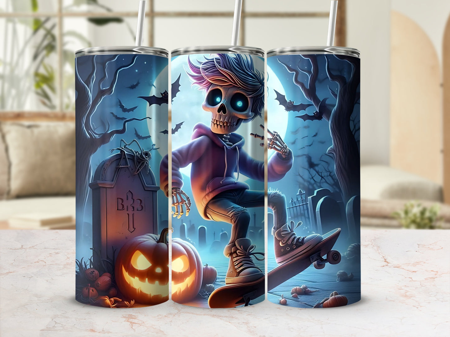 Halloween tumbler with a skateboarding skeleton, jack-o'-lantern, and tombstone on a dark, spooky background.