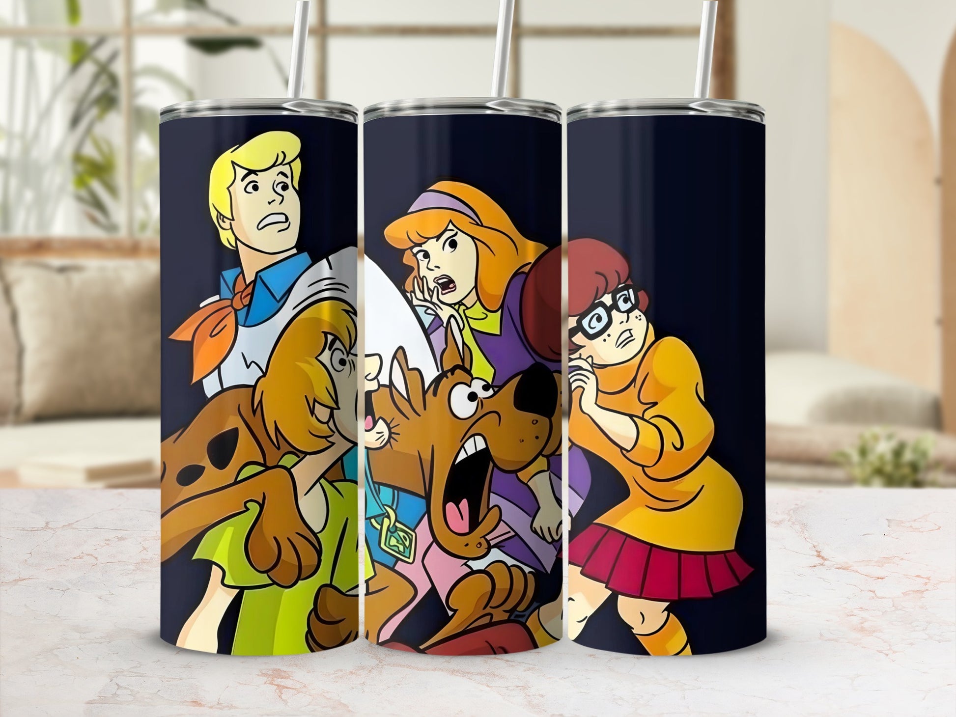 Scooby-Doo characters Fred, Daphne, Velma, Shaggy, and Scooby-Doo on a dark background.