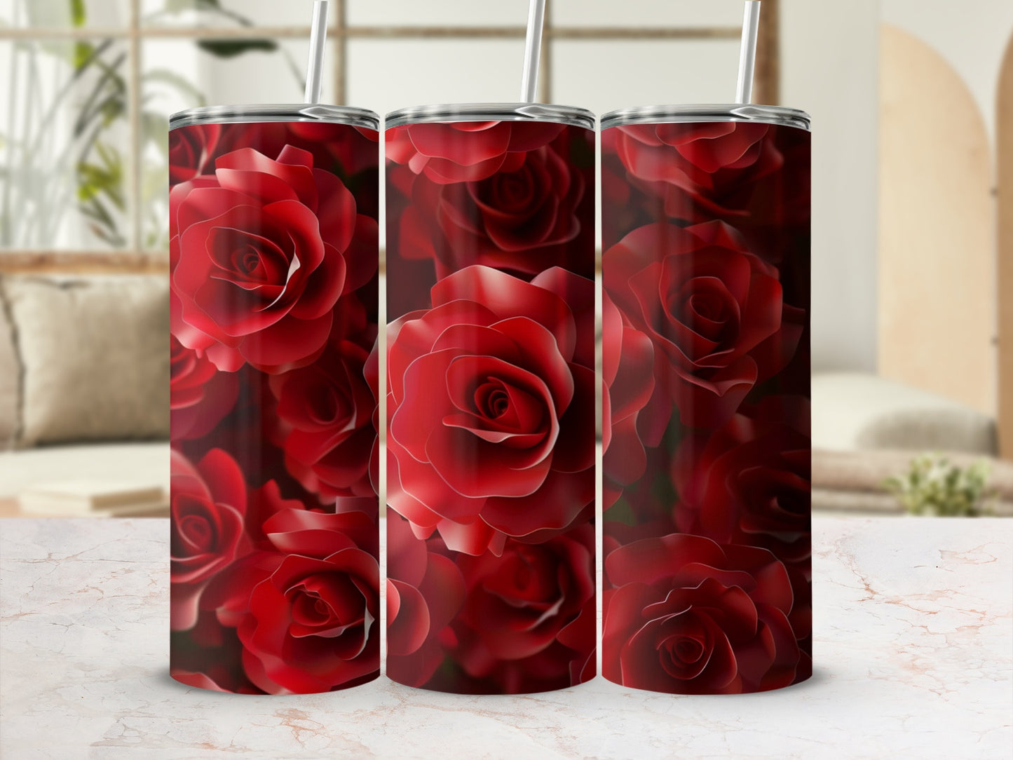 Three tumblers with a dark red rose floral pattern.