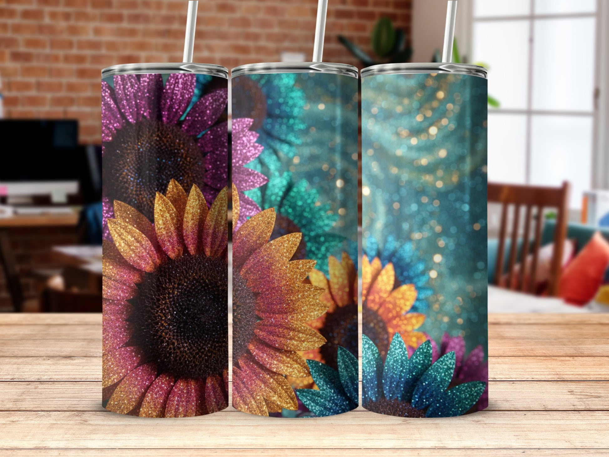 Colorful Sunflower Glitter Tumbler with Straw for Sale