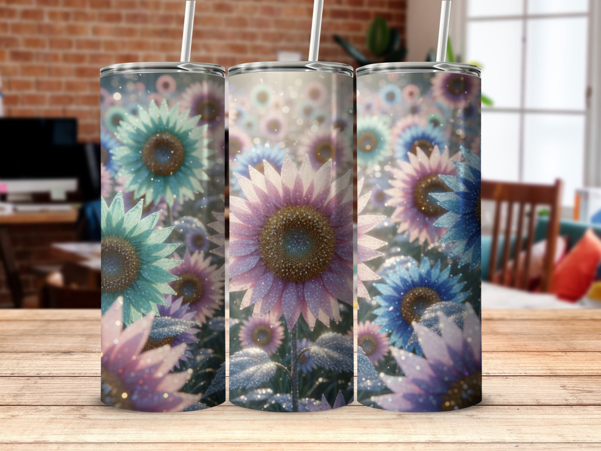 Colorful Sparkling Sunflower Design Tumbler