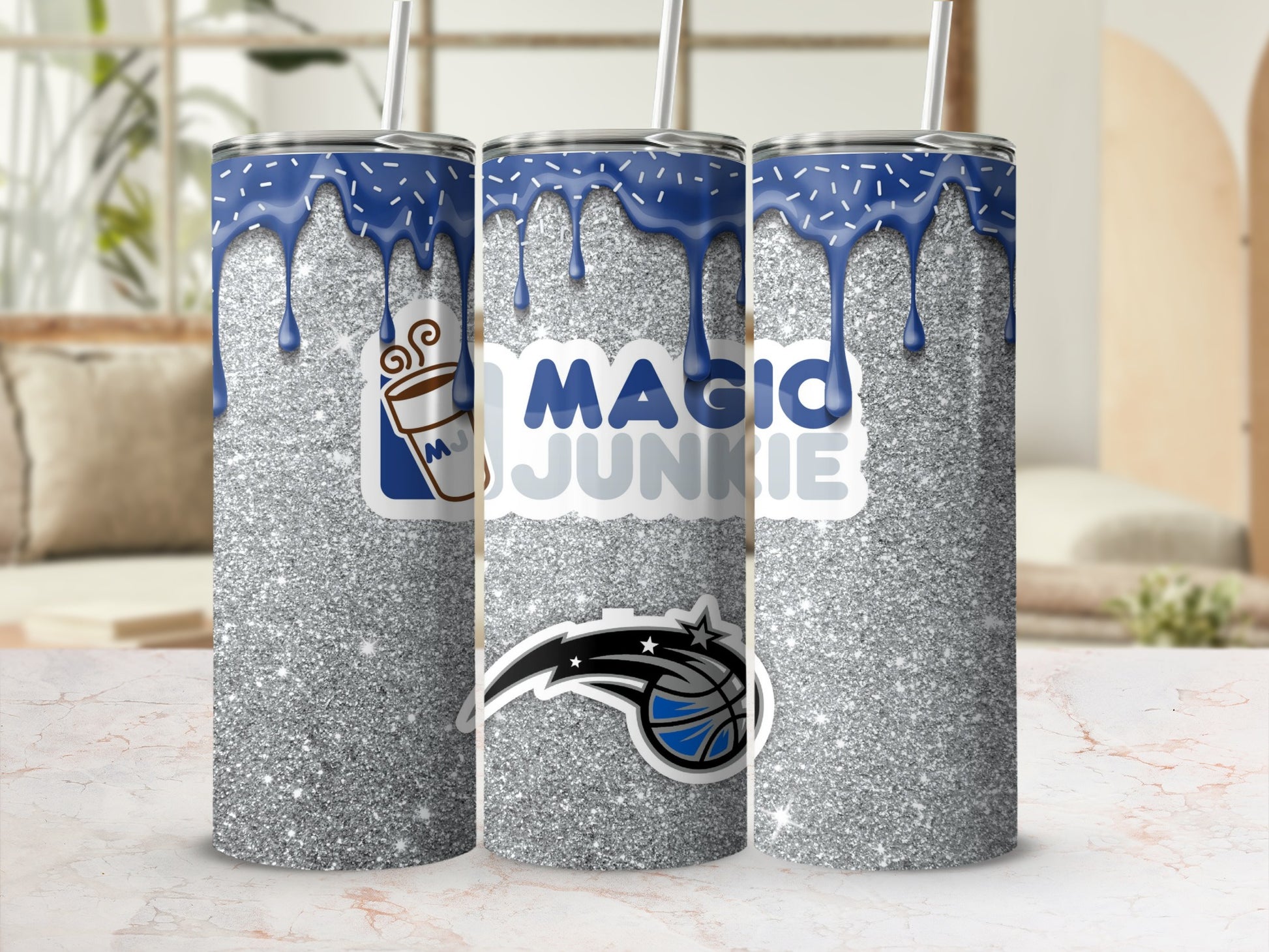 Glitter Magic Junkie Tumbler With Dripping Blue Design