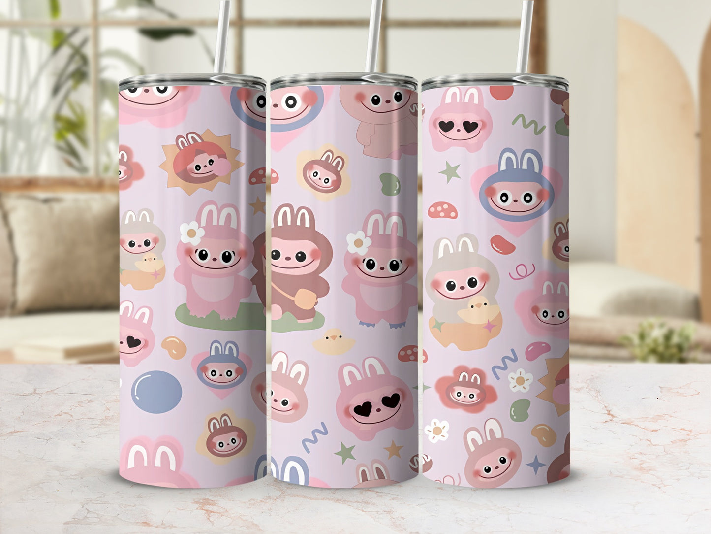 Cute Kawaii Animal Characters Pink Stainless Steel Tumbler