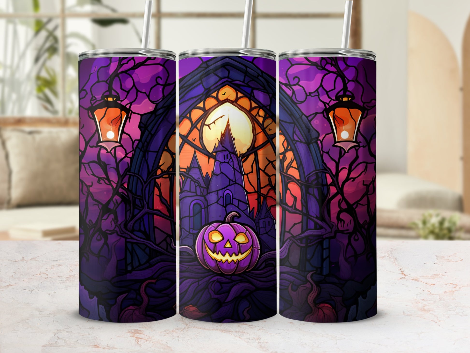 Purple tumbler with spooky Halloween castle and jack-o'-lantern design.