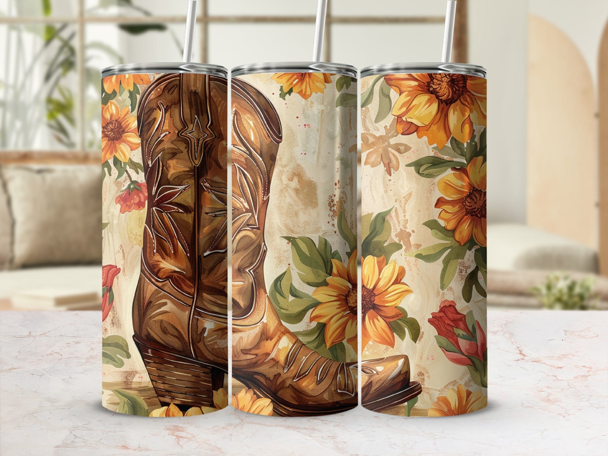 Brown cowboy boot with sunflowers and leaves on a tumbler.