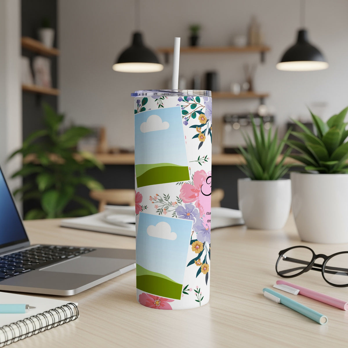 Tumbler with floral pattern, two photo placeholders, and a straw.
