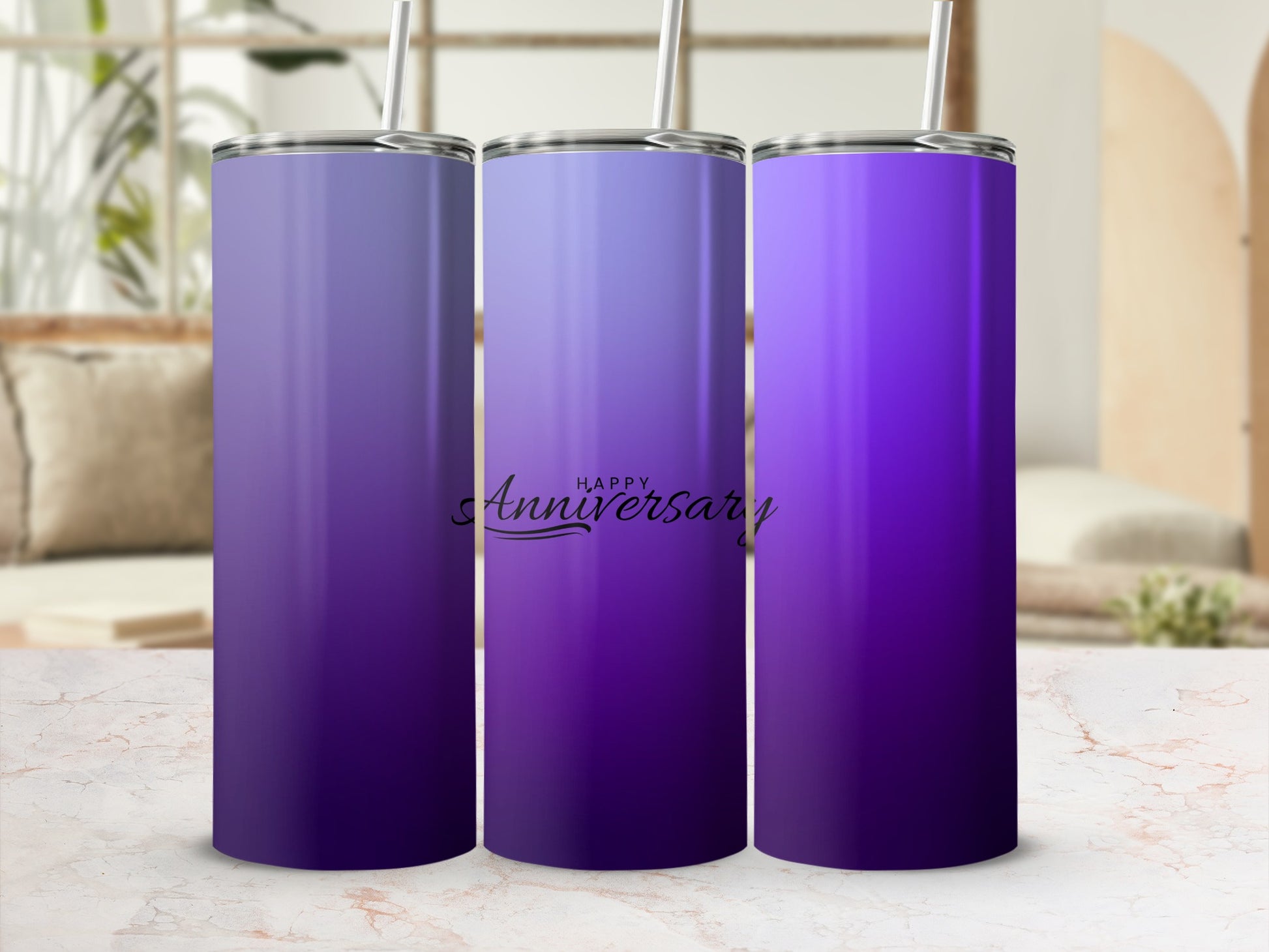 Purple ombre tumbler with "Happy Anniversary" text.