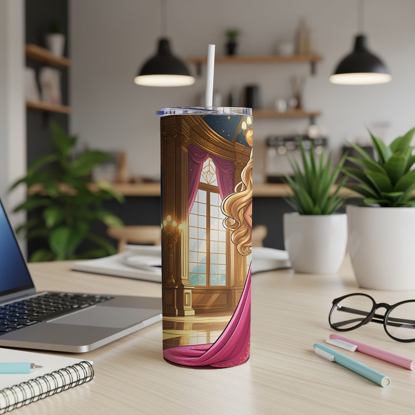 Tall tumbler featuring a blonde princess in a pink gown in a grand ballroom setting.