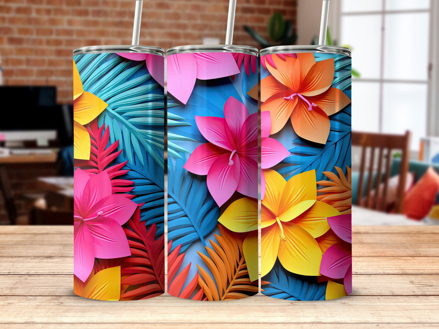 Vibrant Tropical Flowers and Leaves Design Tumbler