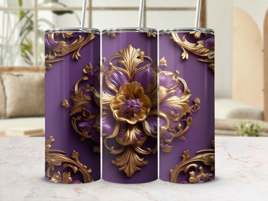Three purple tumblers with ornate gold floral and scroll designs.