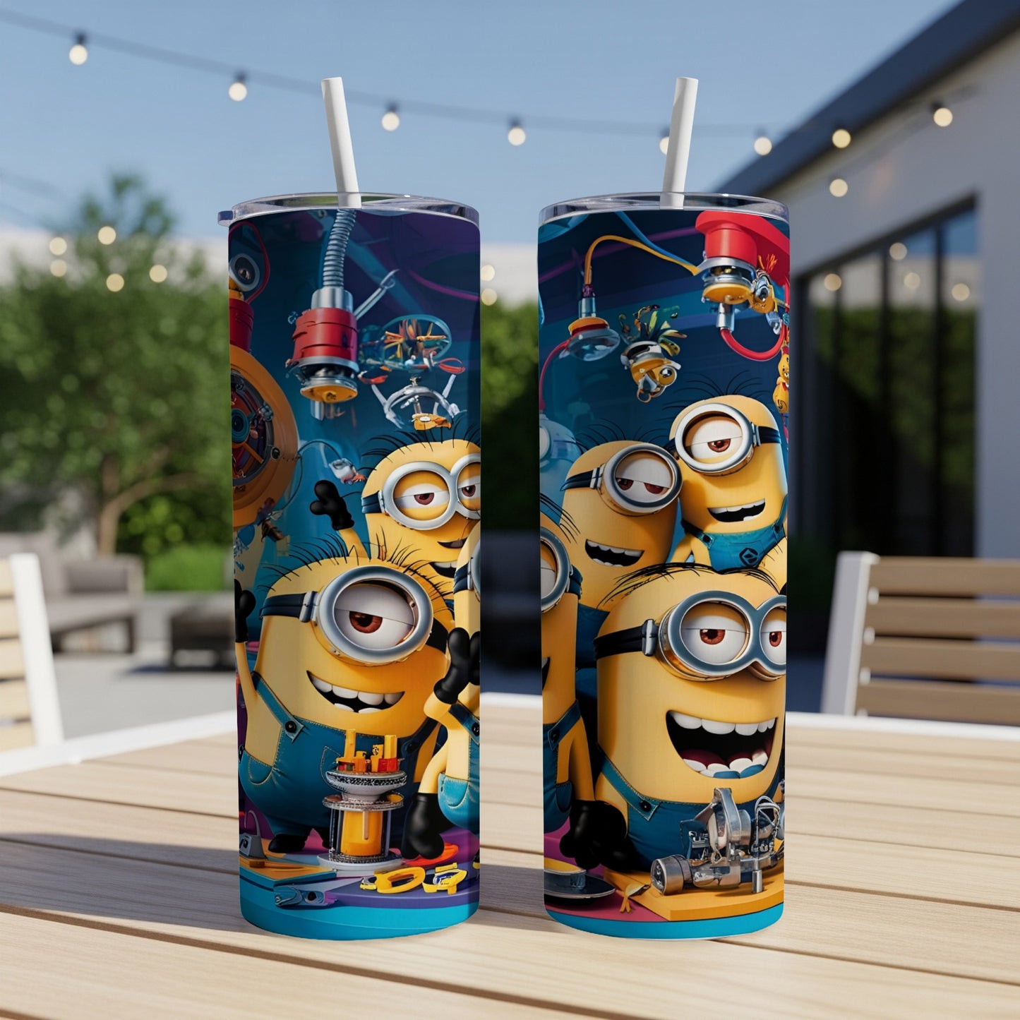 Two Minion characters from Despicable Me on a blue tumbler with tools.