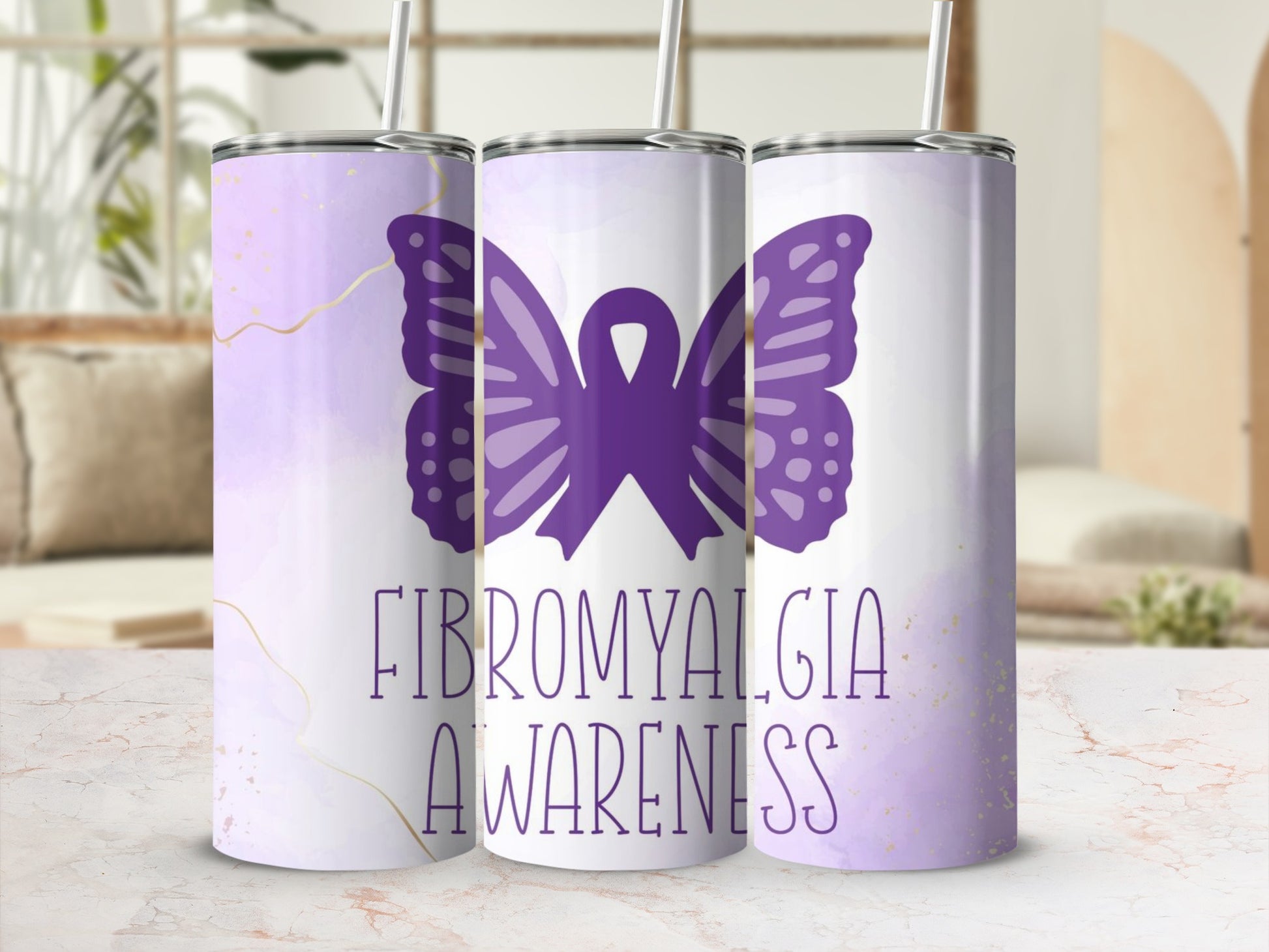 Fibromyalgia Awareness Butterfly Design Tumbler Cup