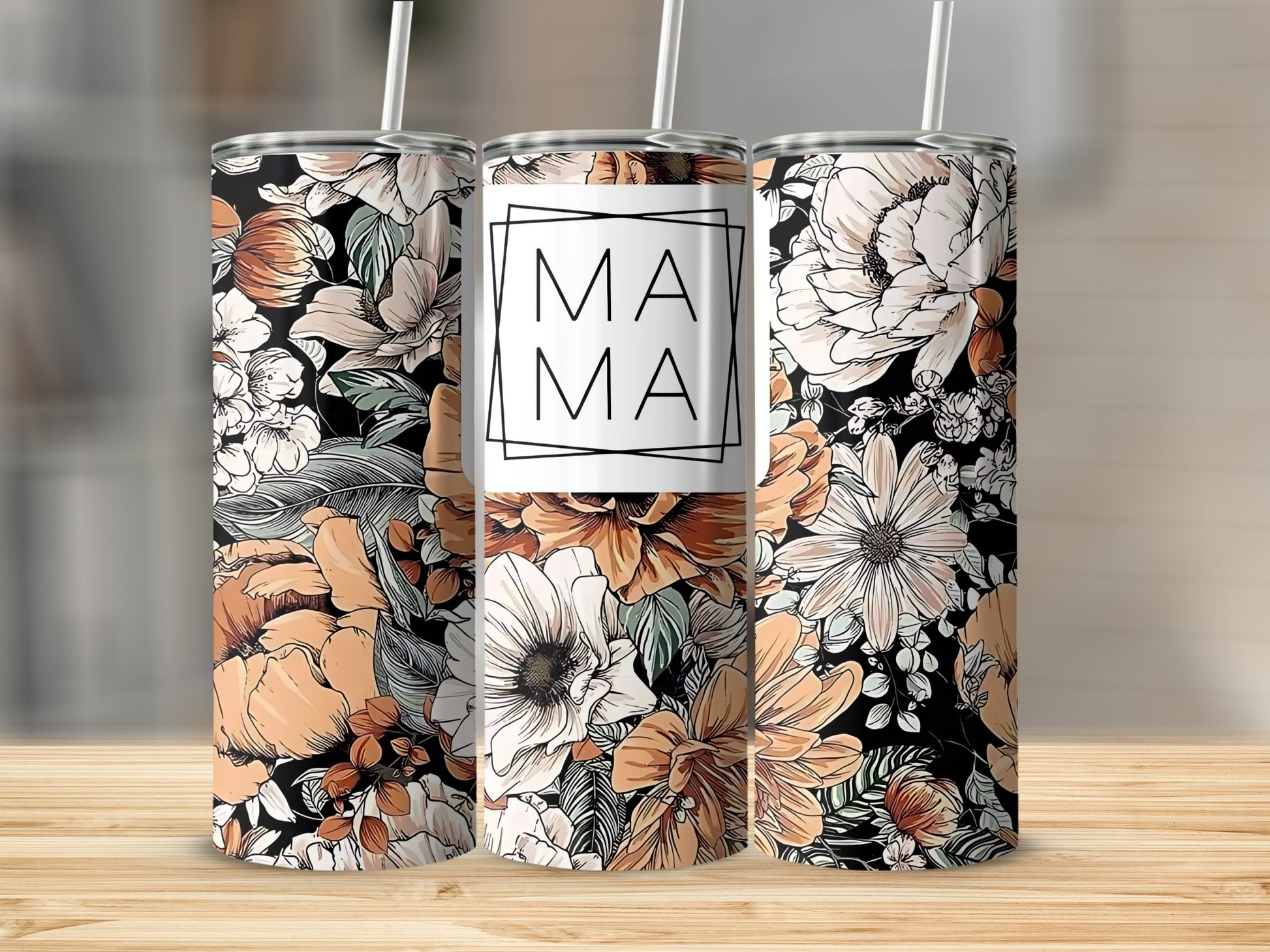 Floral Design MAMA Insulated Tumbler with Straw