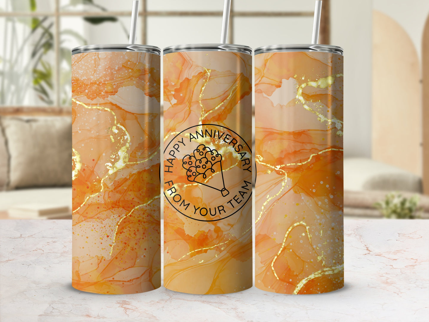 Three tumblers with orange and gold abstract watercolor design and "Happy Anniversary From Your Team" text.