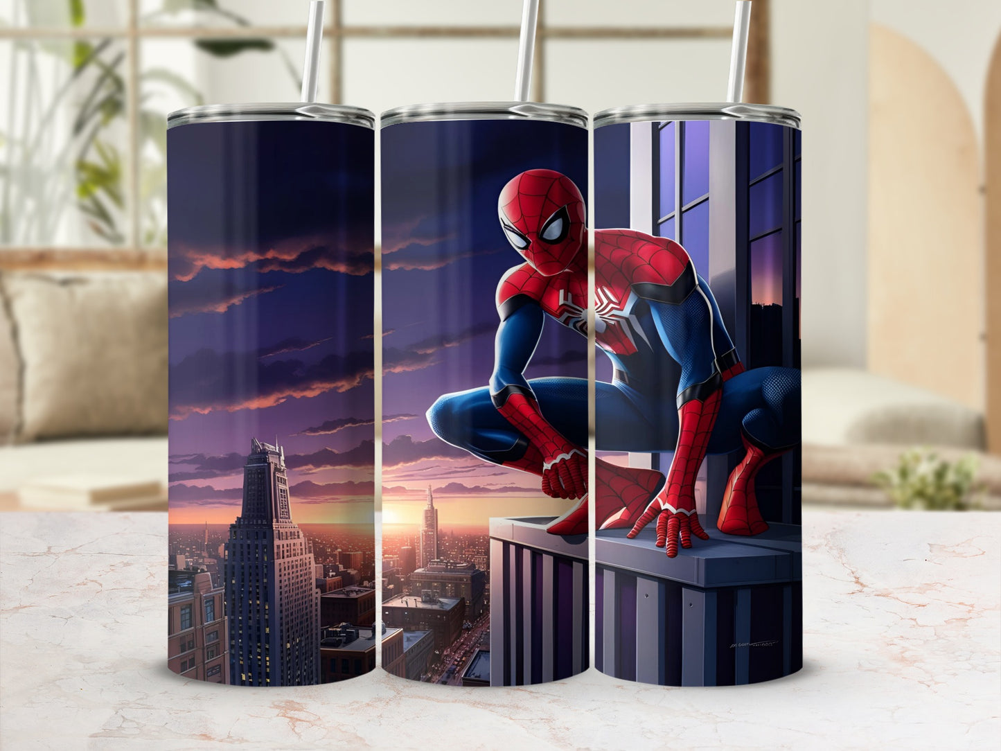 Spider-Man crouches on a building ledge at sunset.