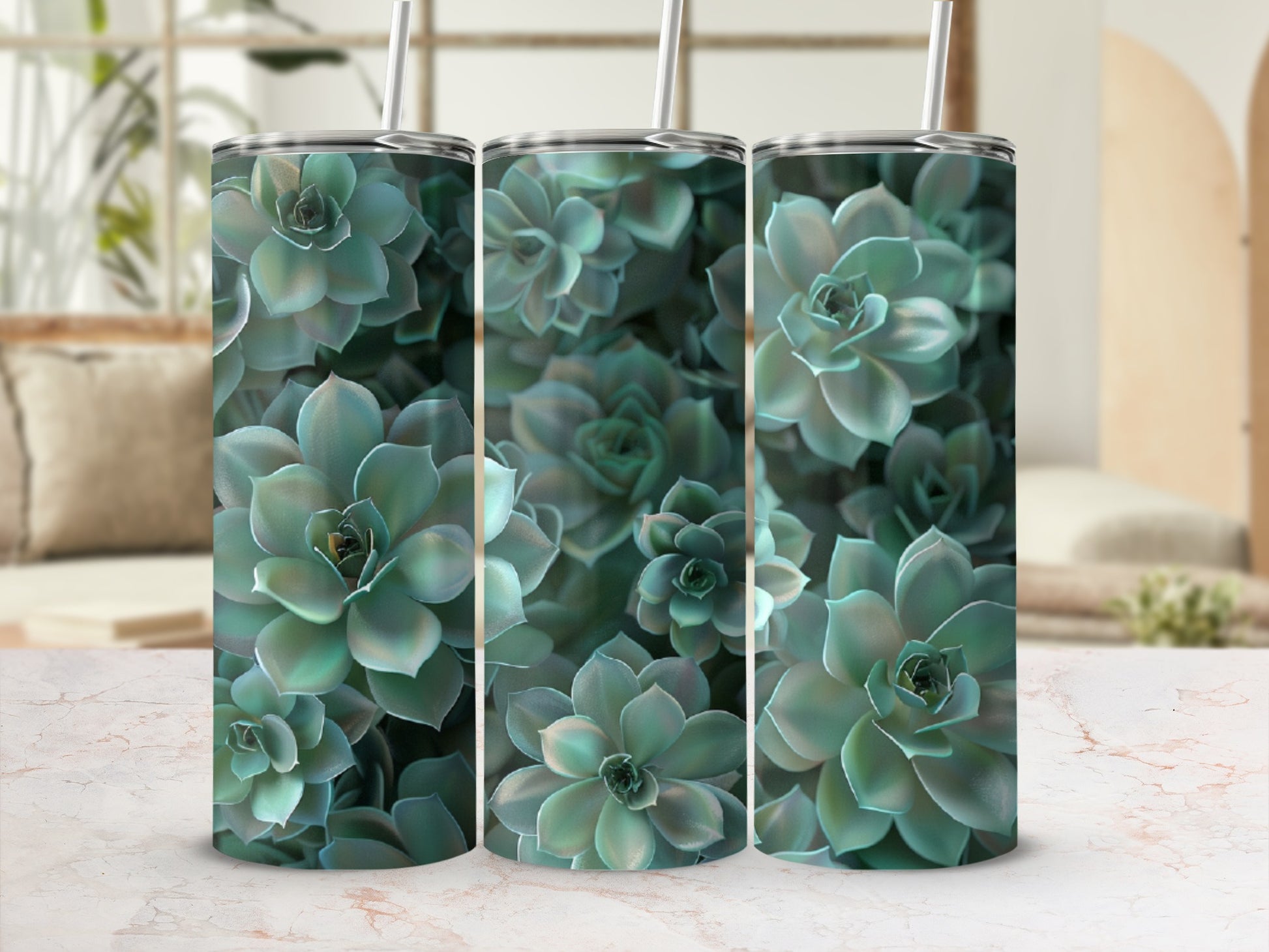 Three tall tumblers with a succulent plant design.
