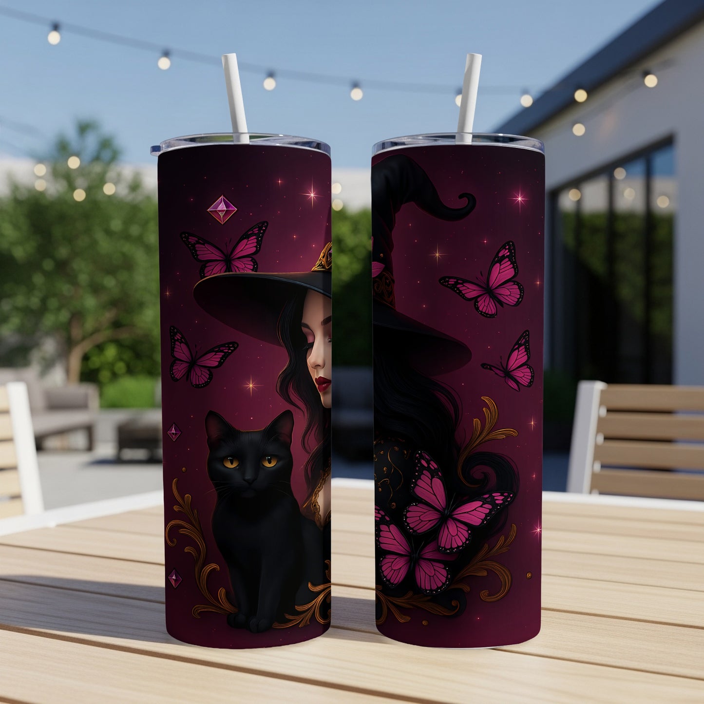 Two tumblers feature a witch, black cat, and pink butterflies on a dark purple background.