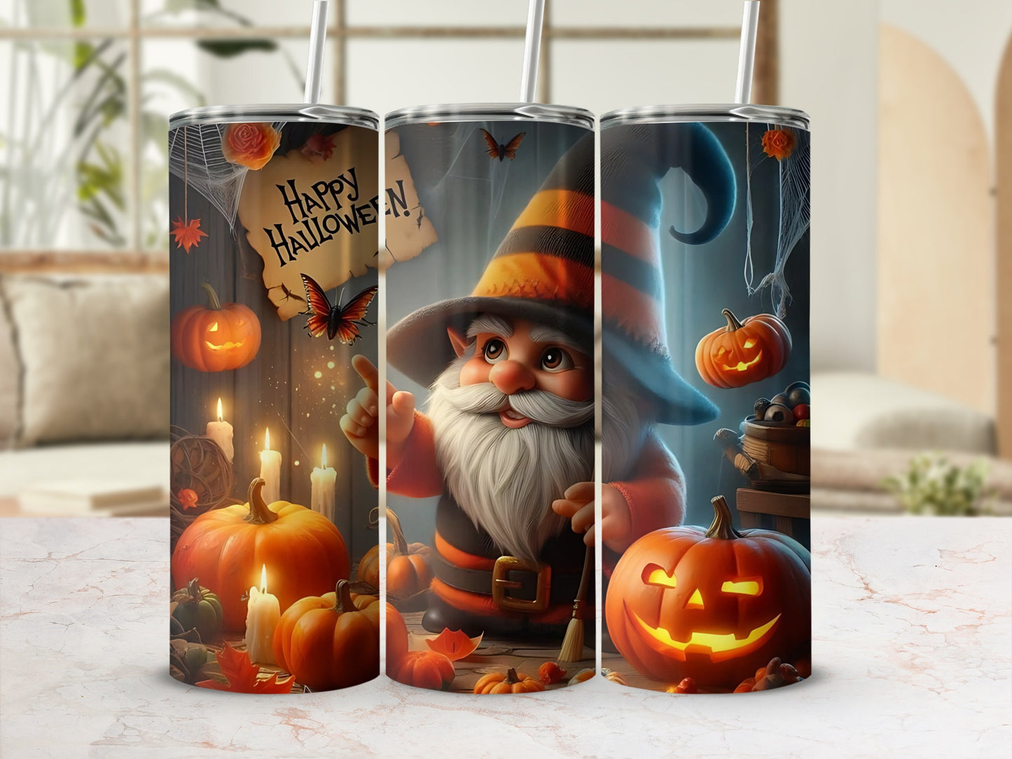 Halloween tumbler with gnome, pumpkins, candles, and spiderwebs.