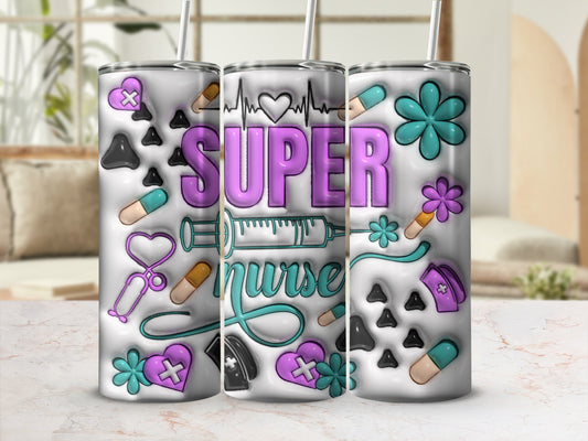 Three tumblers with "Super Nurse" text and medical icons like hearts, pills, and a syringe.