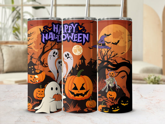 Three tumblers with Halloween graphics of ghosts, pumpkins, bats, and a skeleton.