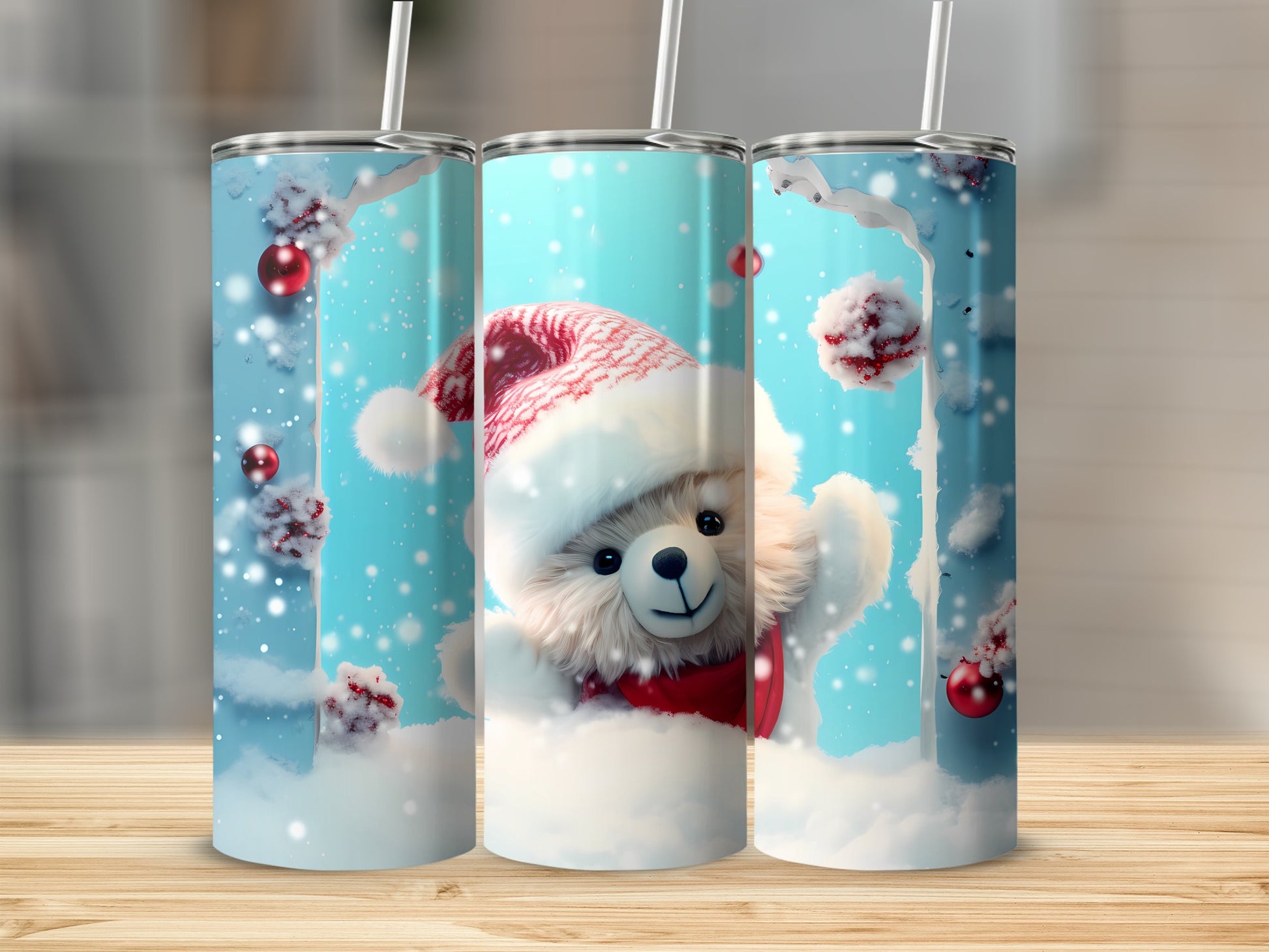 Christmas Bear in Santa Hat Winter Scene tumbler