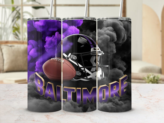Baltimore Ravens football helmet and ball with purple smoke design.