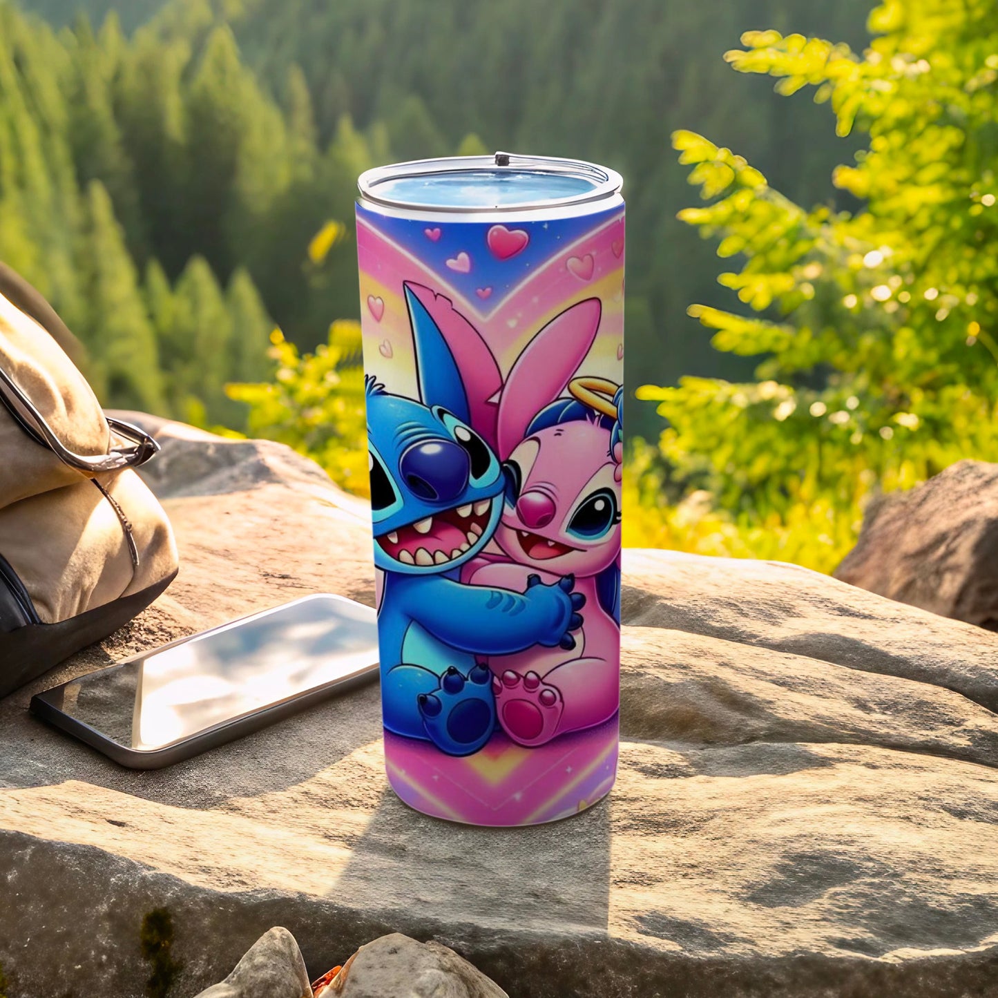 Cute Colorful Stitch and Angel Hugging Tumbler Cup