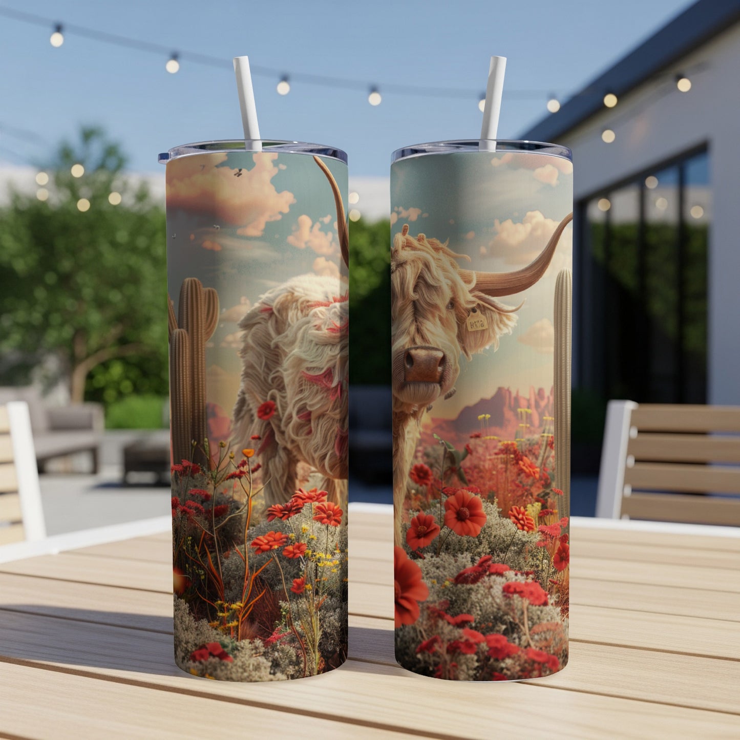 Two tumblers with a Highland cow, desert landscape, and red flowers.