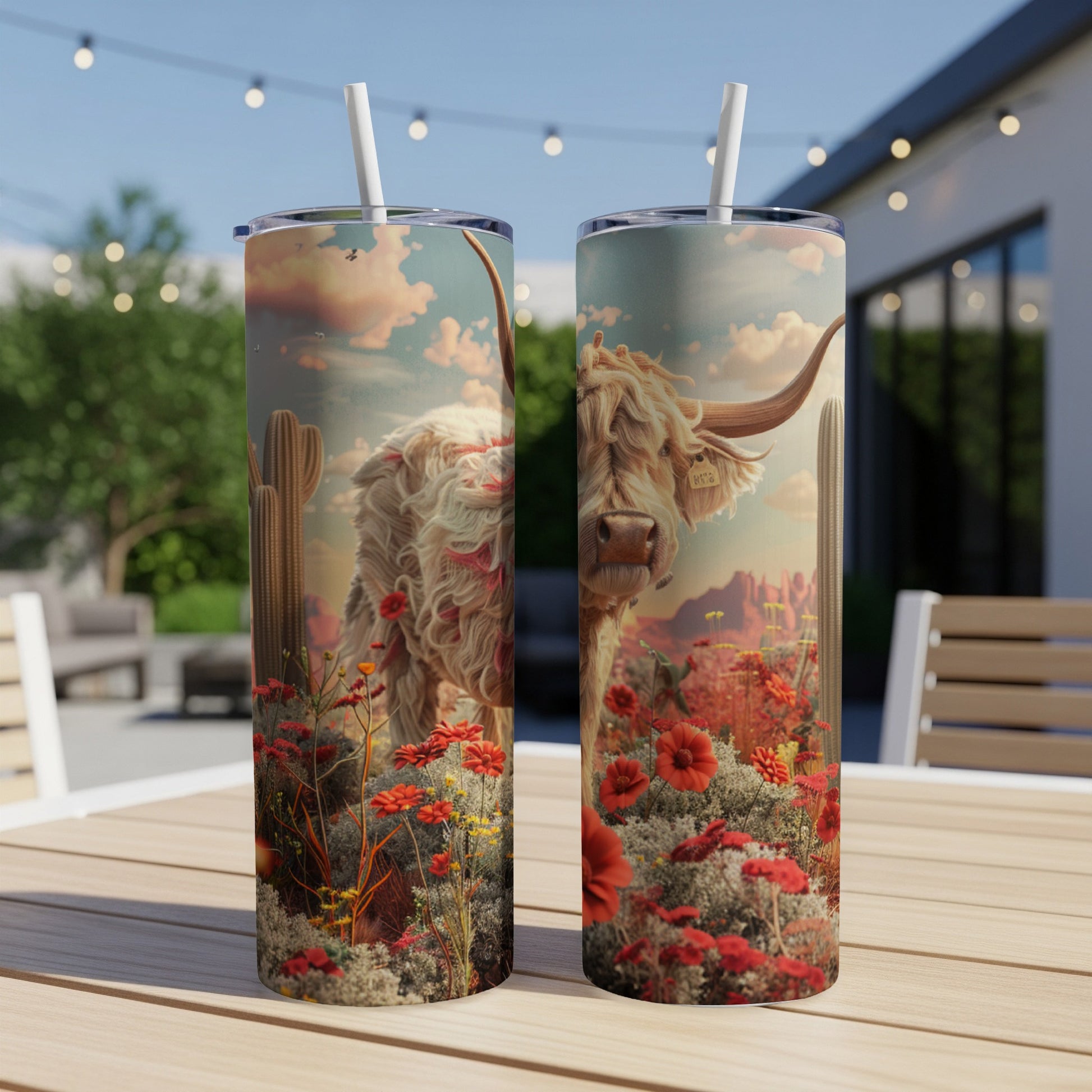 Two tumblers with a Highland cow, desert landscape, and red flowers.