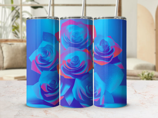 Blue tumbler with vibrant holographic rose pattern.
