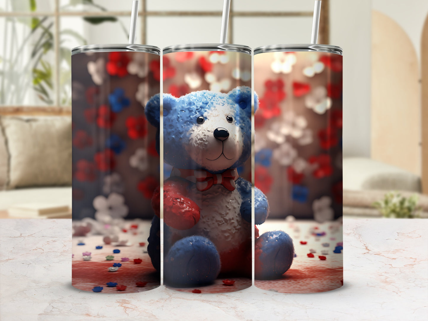 Blue teddy bear with red, white, and blue bow on a patriotic background.