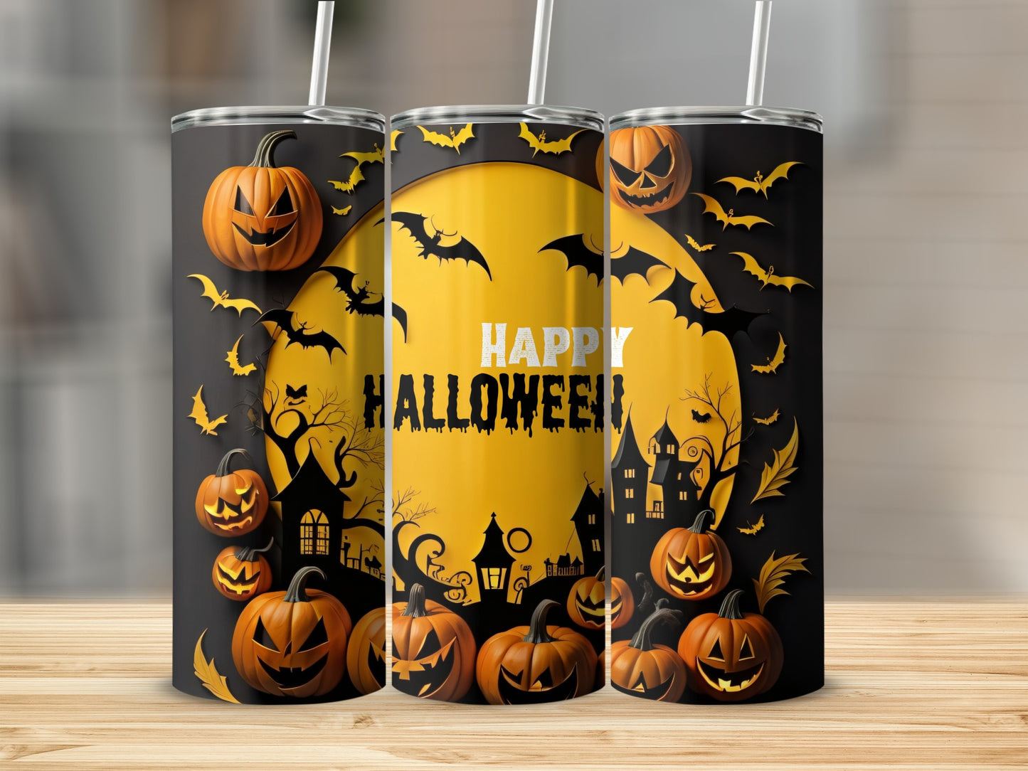 Three Halloween tumblers with pumpkins, bats, haunted houses, and the text "Happy Halloween".