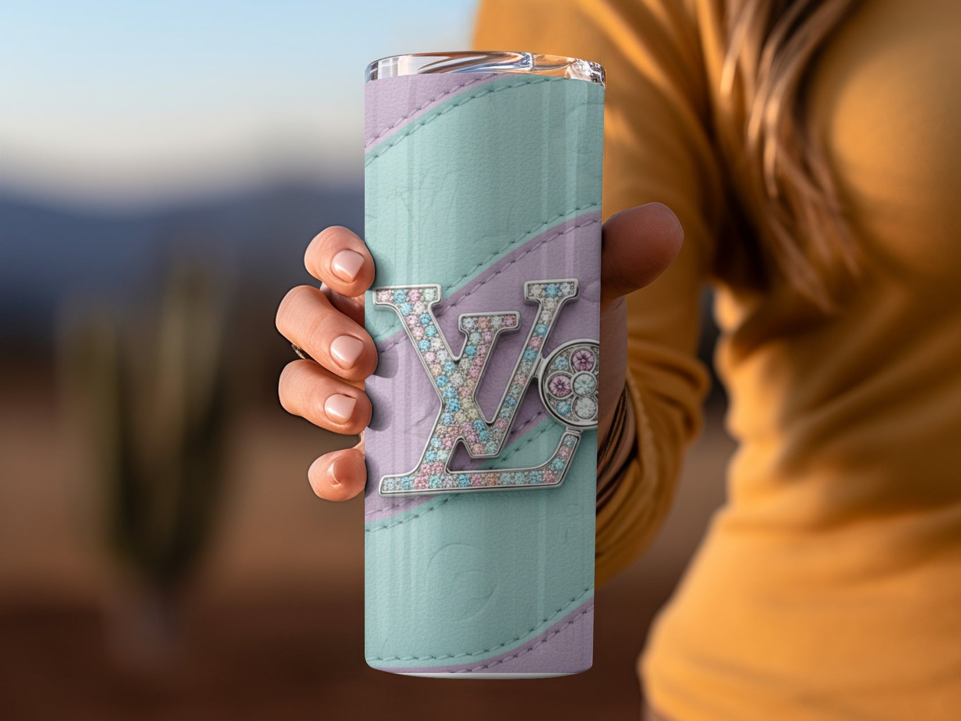 Pastel Colored Tumbler with Embellished LV Design