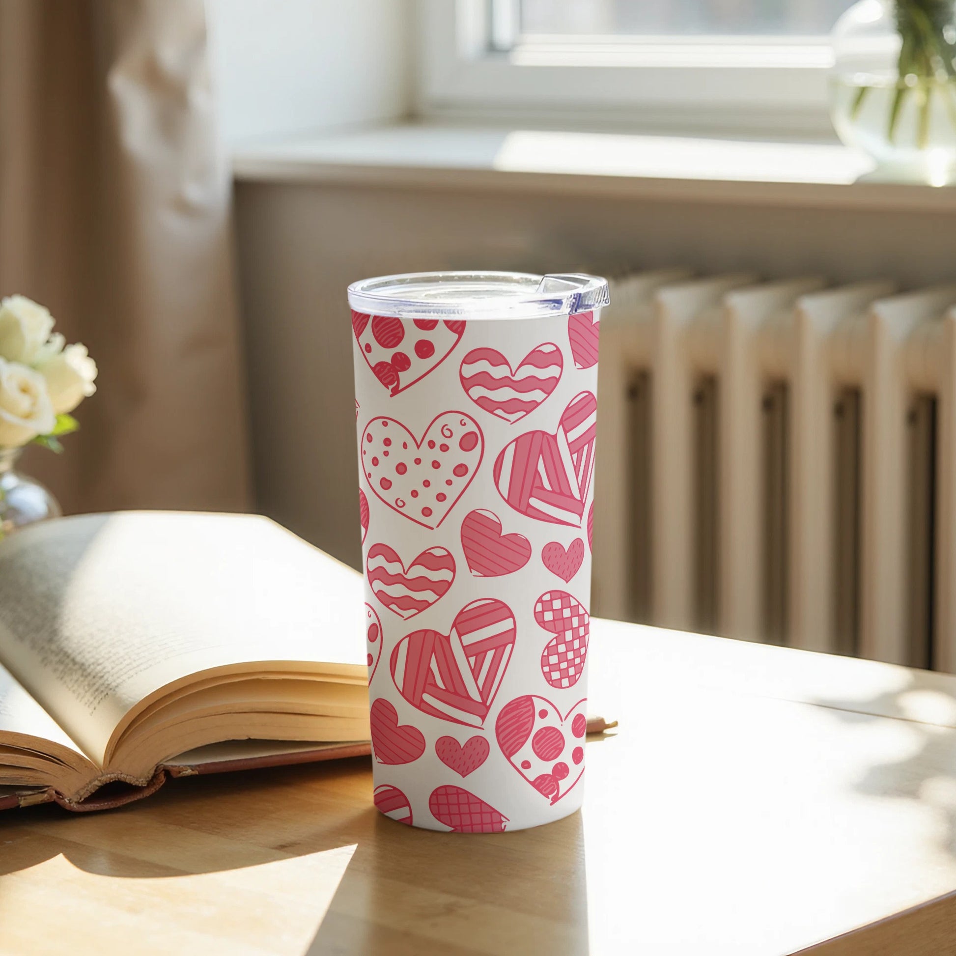 Pink Hearts Travel Tumbler with Seasonal Design