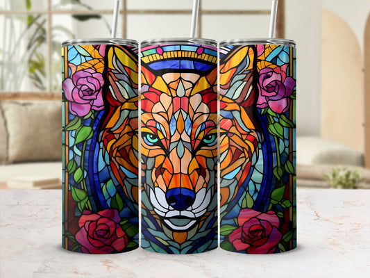 Wolf stained glass tumbler with rose accents and crown detail.