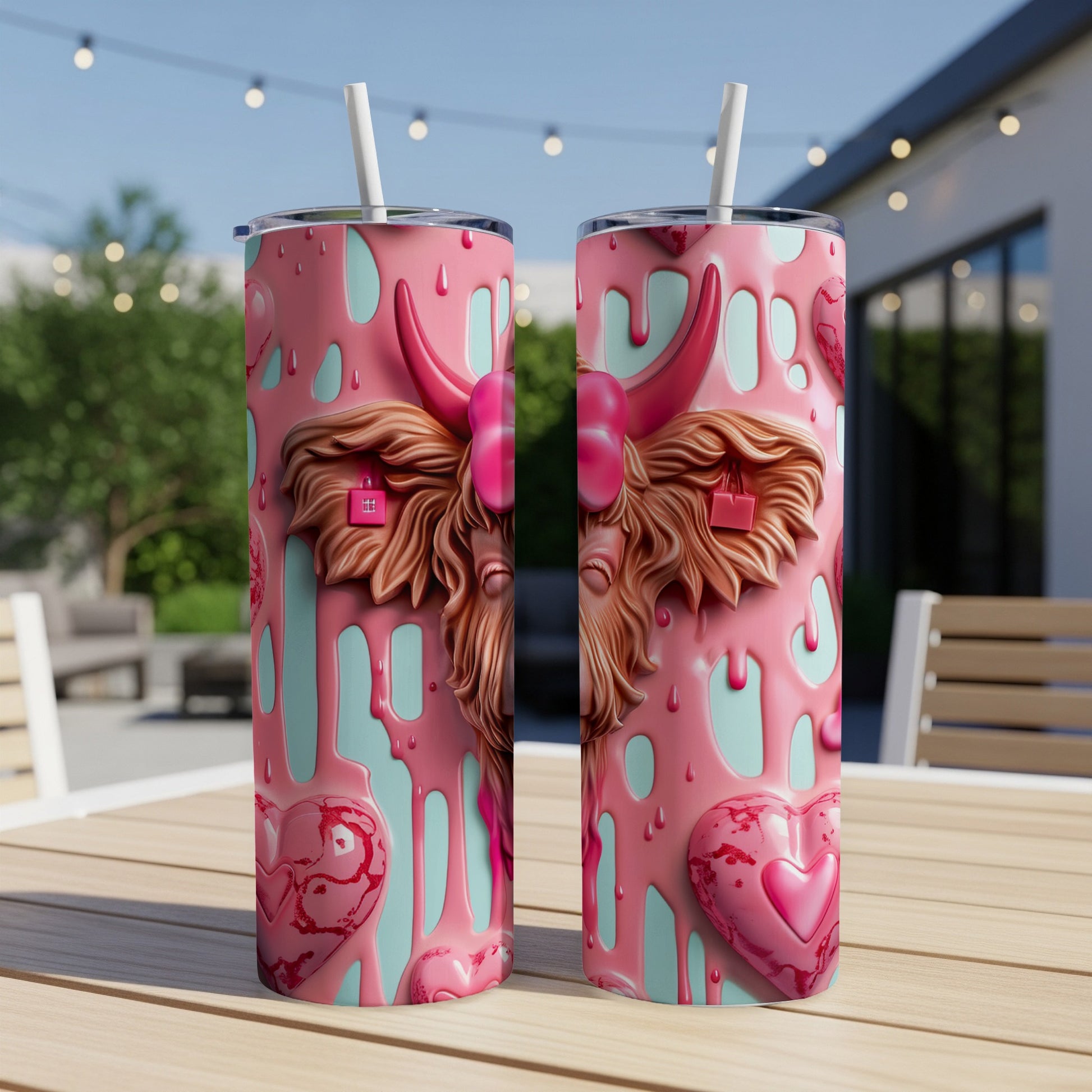 Pink and blue drippy highland cow tumbler with heart accents.