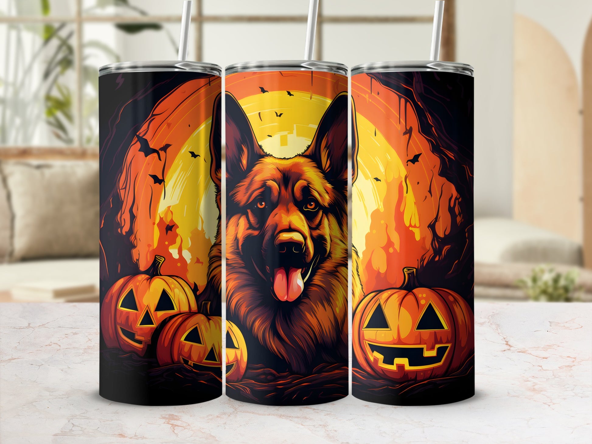 Halloween German Shepherd and pumpkins on a tumbler with a straw.