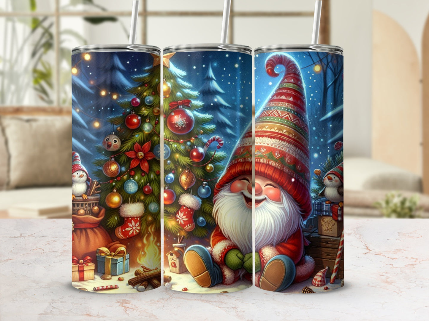 Three tumblers featuring a cheerful gnome and Christmas decorations.