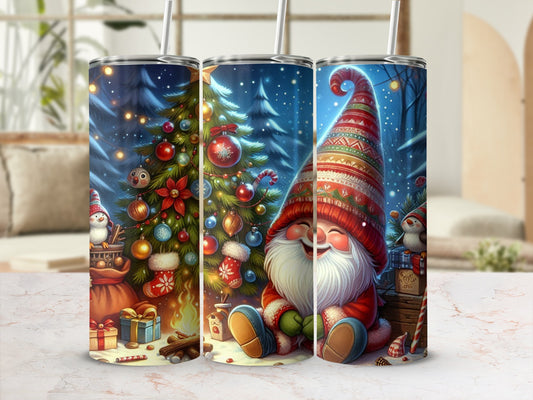 Three tumblers featuring a cheerful gnome and Christmas decorations.
