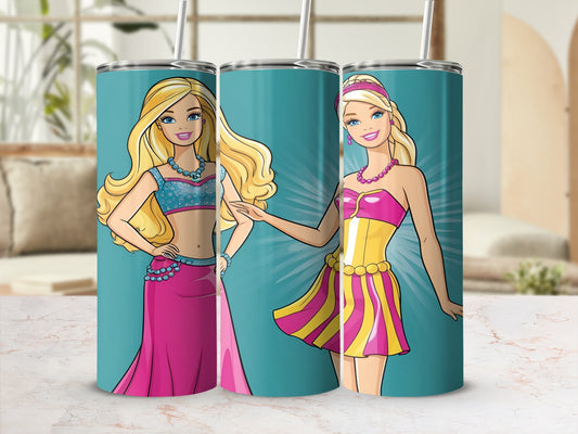 Three Barbie tumblers with teal backgrounds and colorful outfits.