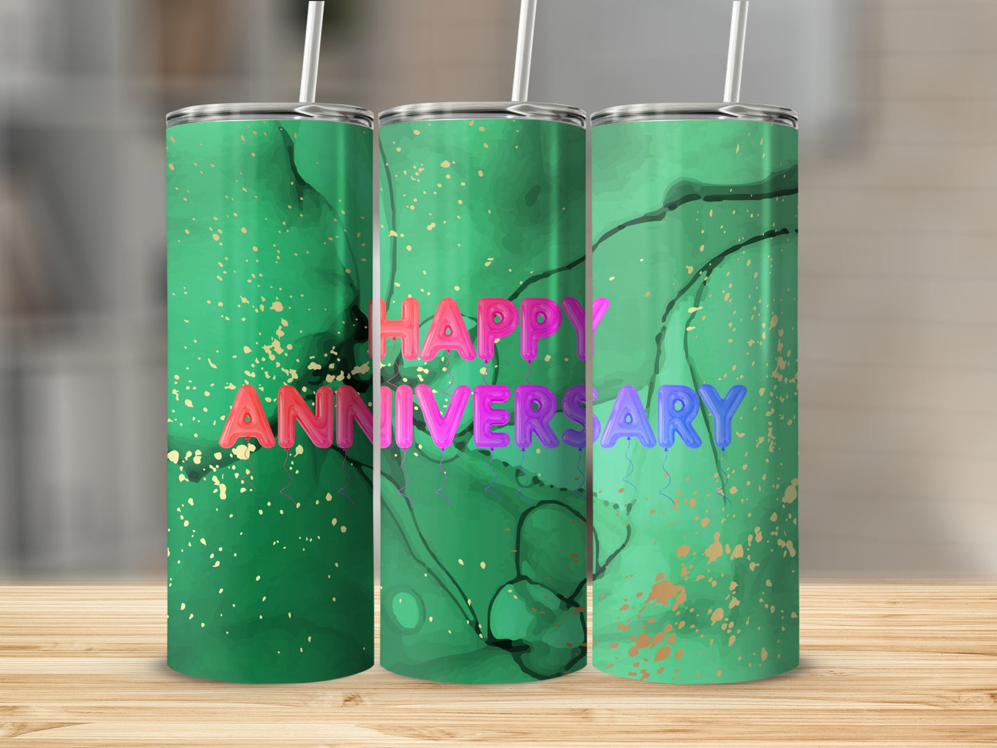 Three tumblers with green abstract design and "Happy Anniversary" text.